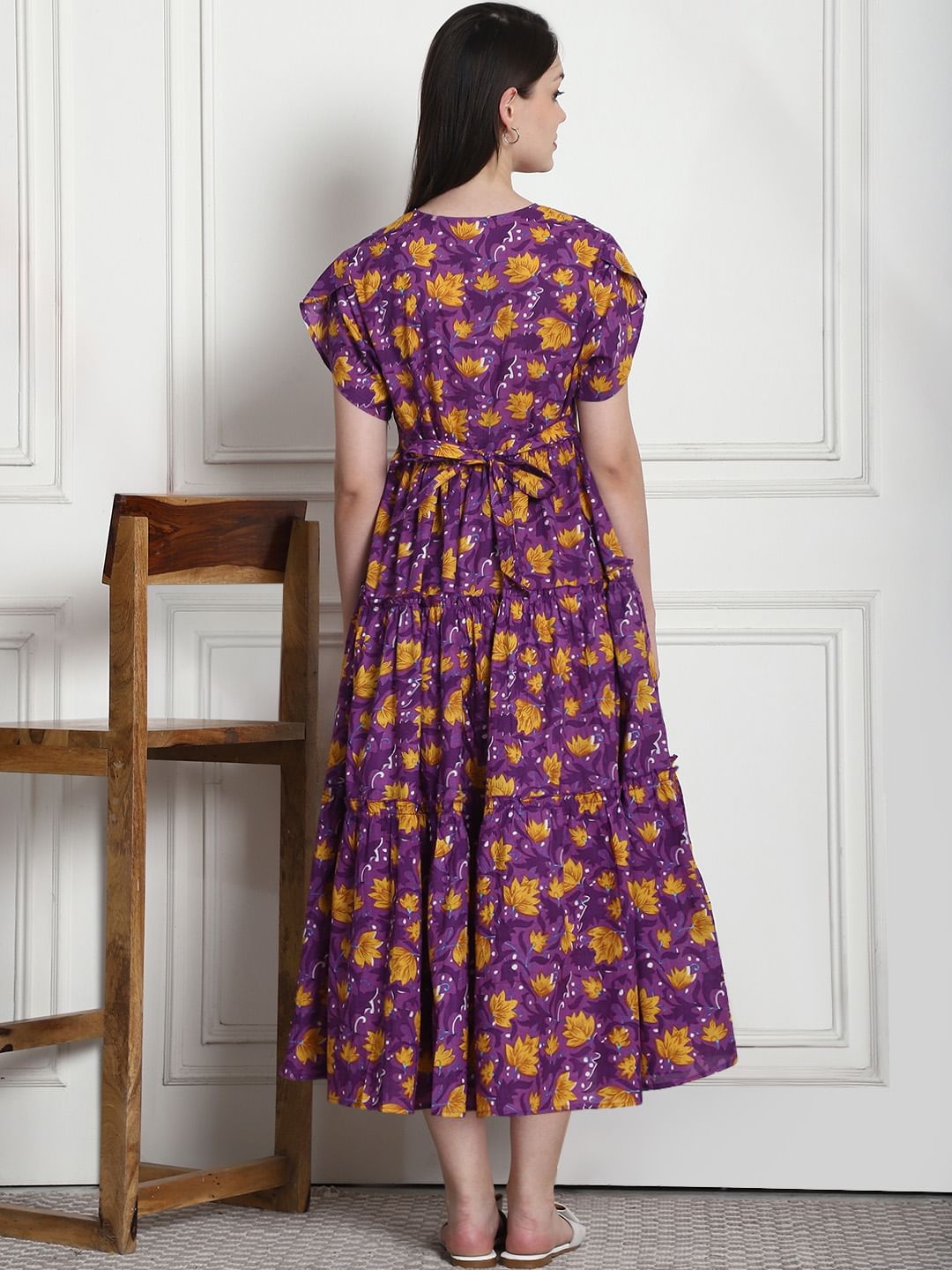 Floral Print Purple Cotton Fit & Flare Maternity Dress