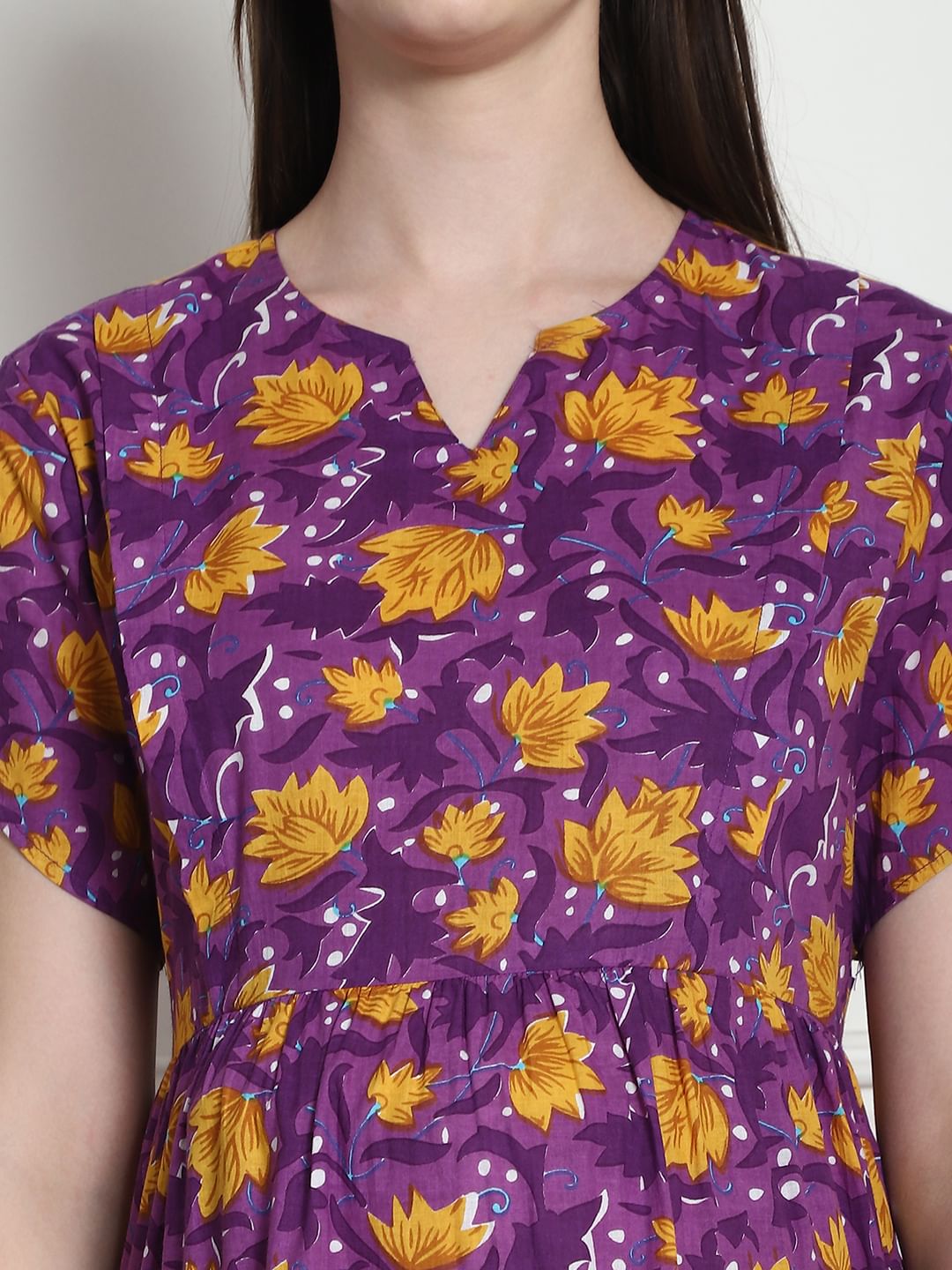 Floral Print Purple Cotton Fit & Flare Maternity Dress