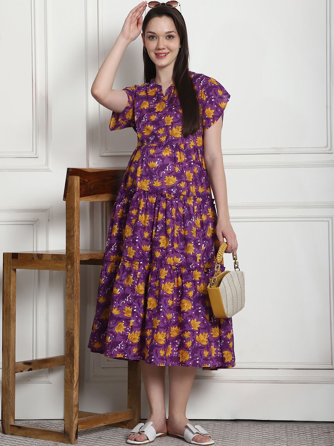 Floral Print Purple Cotton Fit & Flare Maternity Dress