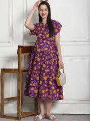 Floral Print Purple Cotton Fit & Flare Maternity Dress