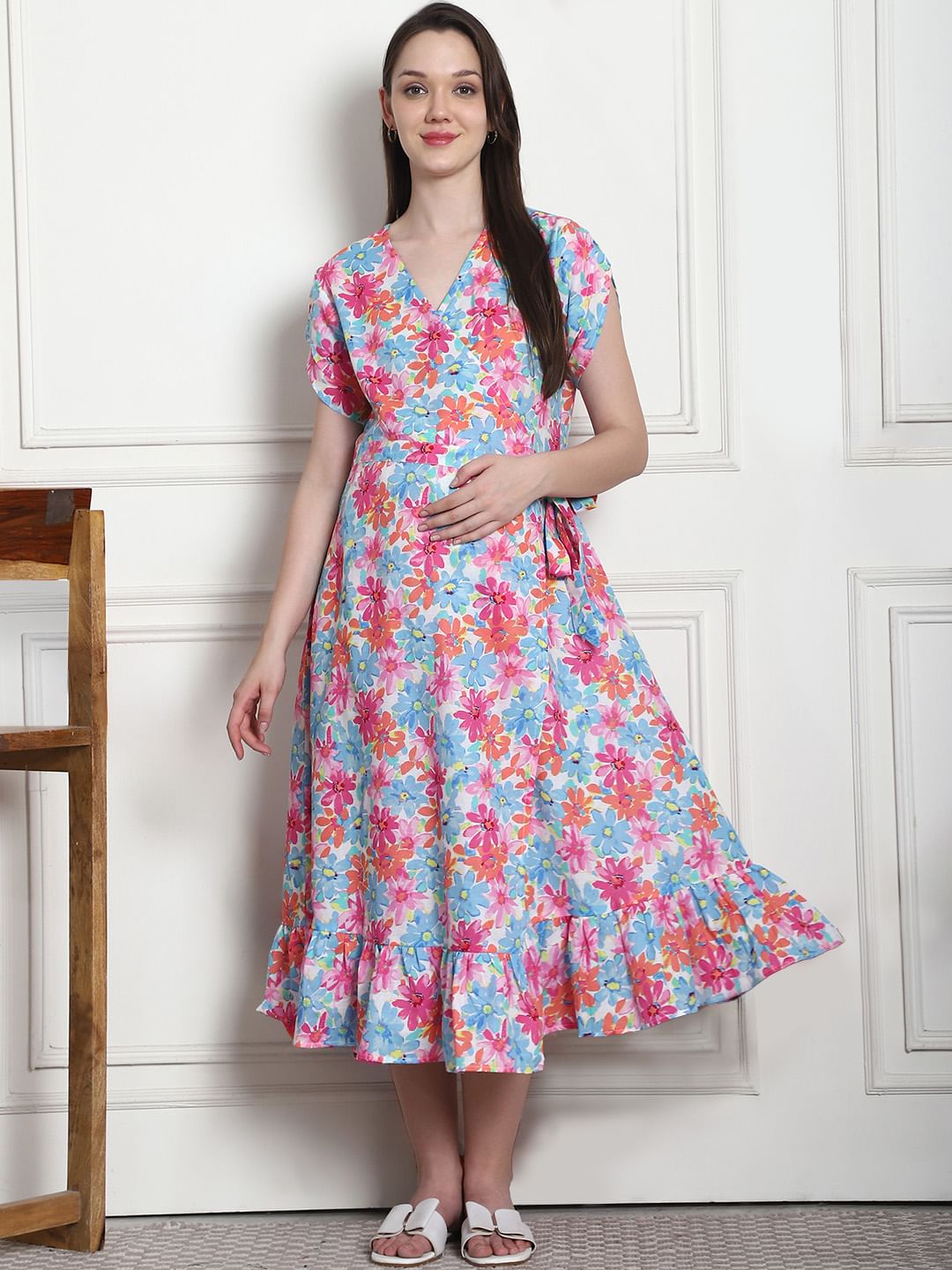 Floral Print Blue Cotton Maternity Wrap Dress