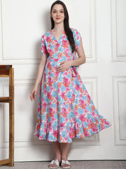 Floral Print Blue Cotton Maternity Wrap Dress