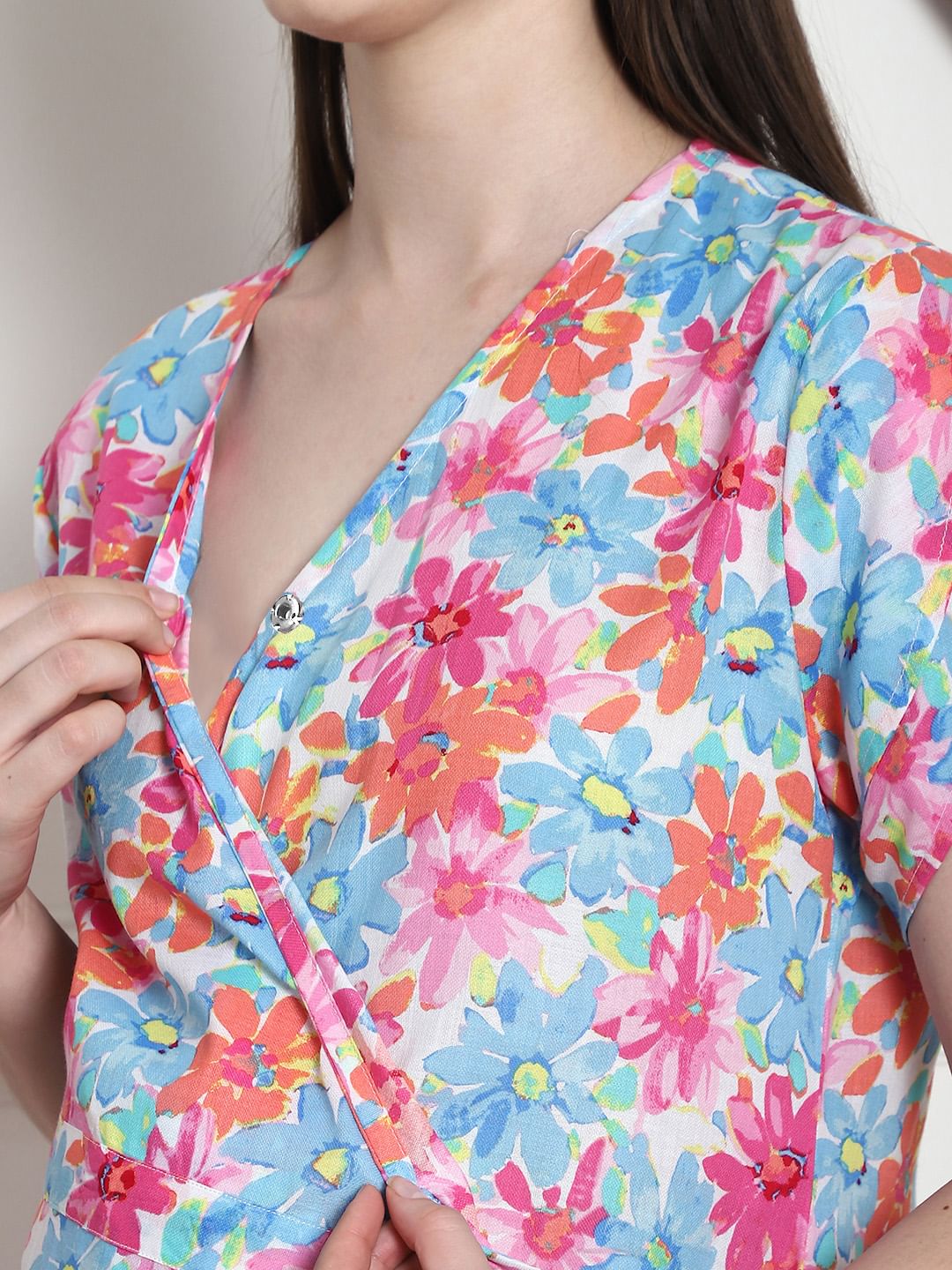 Floral Print Blue Cotton Maternity Wrap Dress