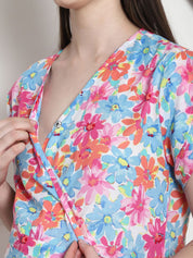 Floral Print Blue Cotton Maternity Wrap Dress