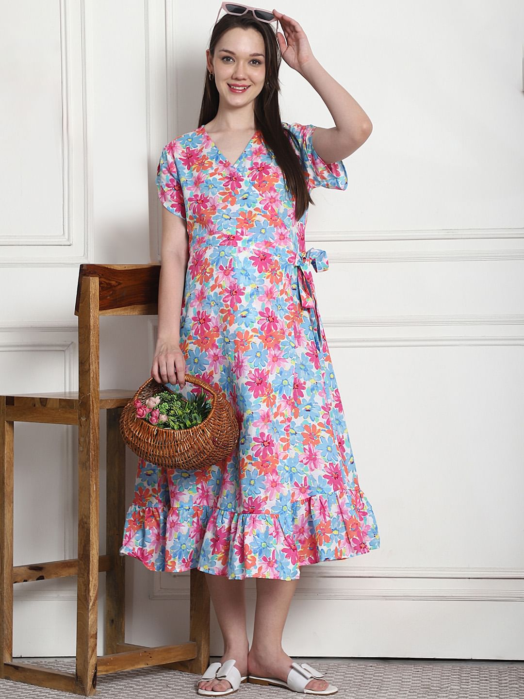 Floral Print Blue Cotton Maternity Wrap Dress