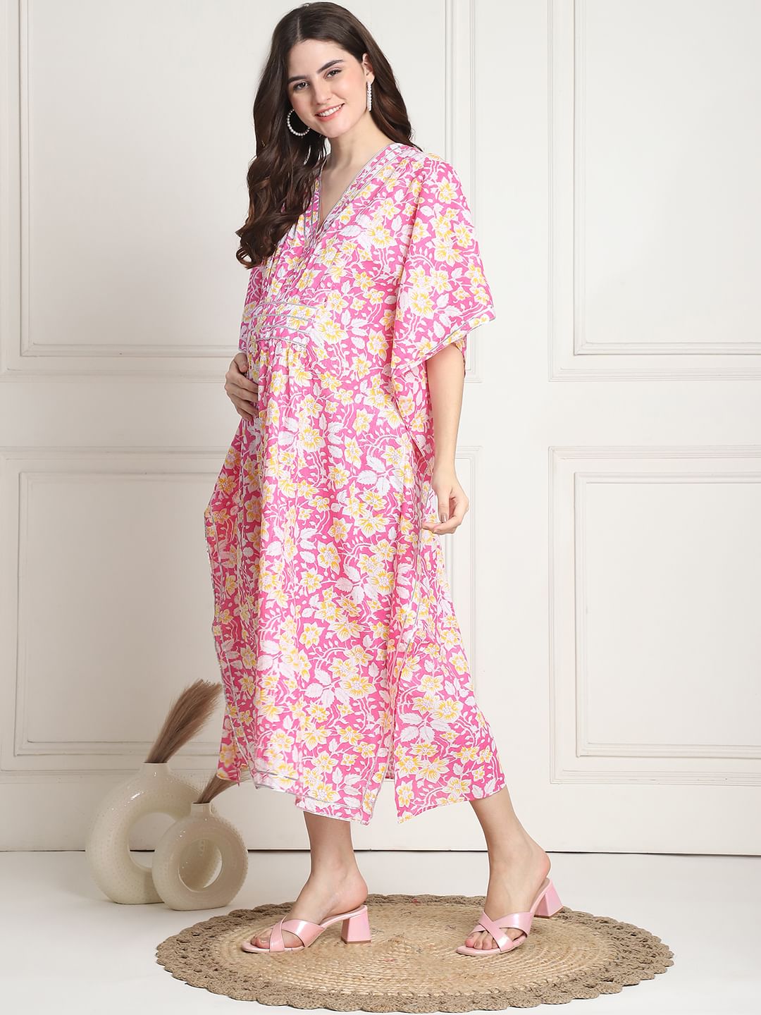 Floral Print Pink Cotton Maternity Kaftan Dress Calf Length