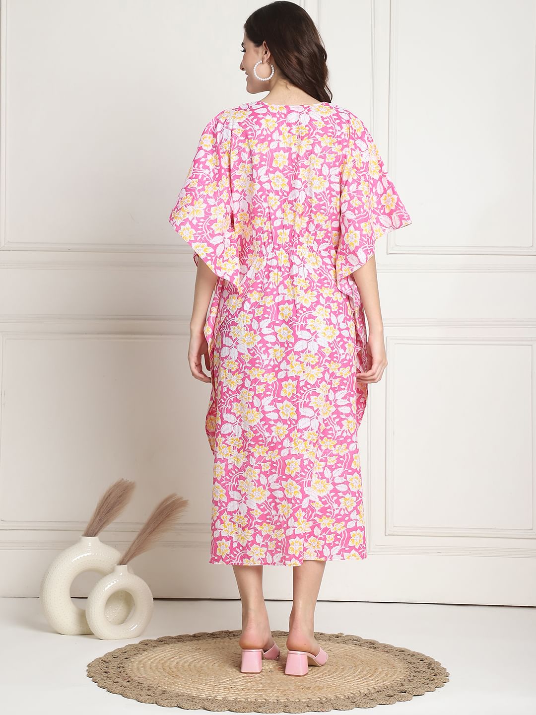 Floral Print Pink Cotton Maternity Kaftan Dress Calf Length