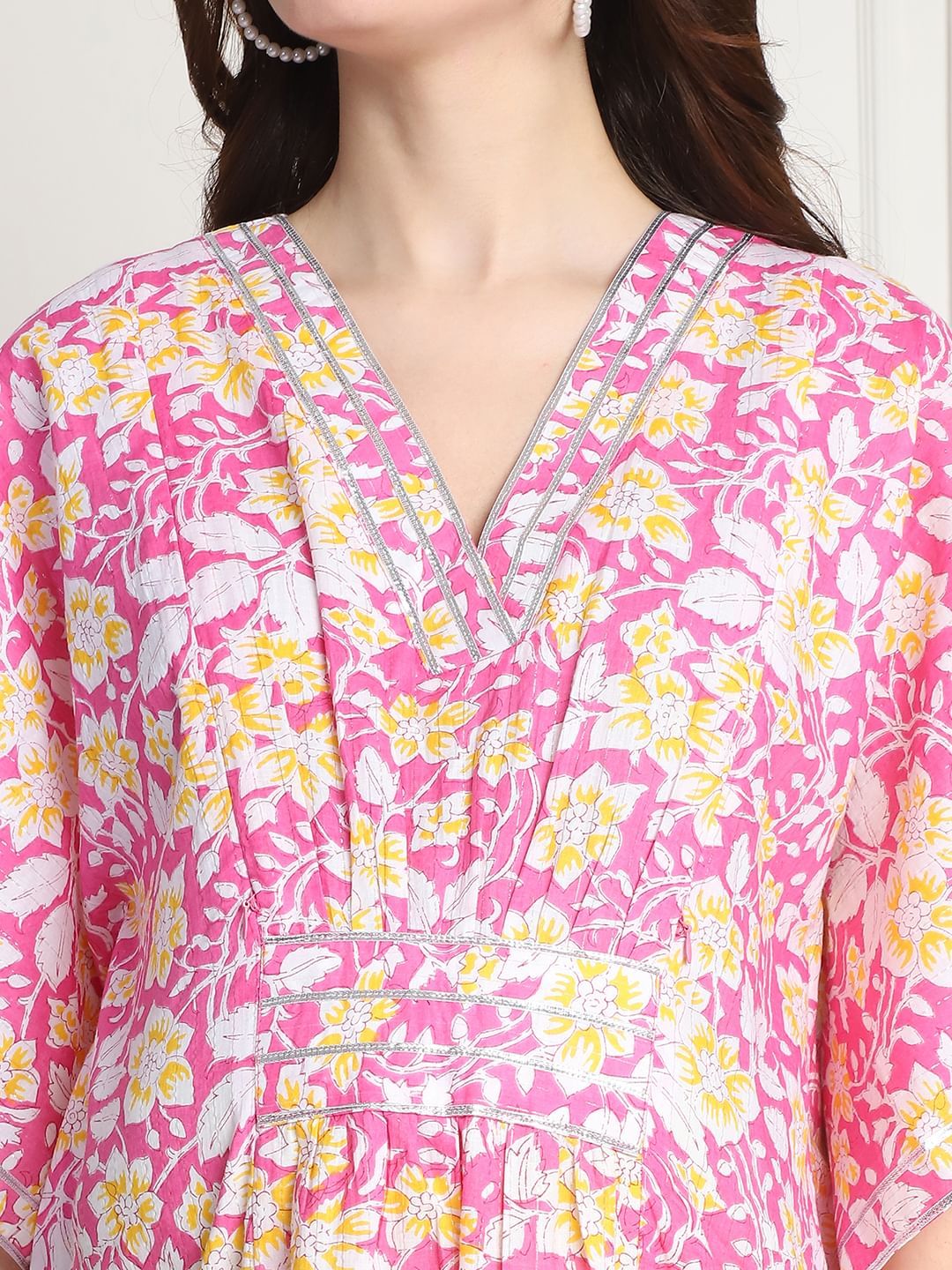 Floral Print Pink Cotton Maternity Kaftan Dress Calf Length