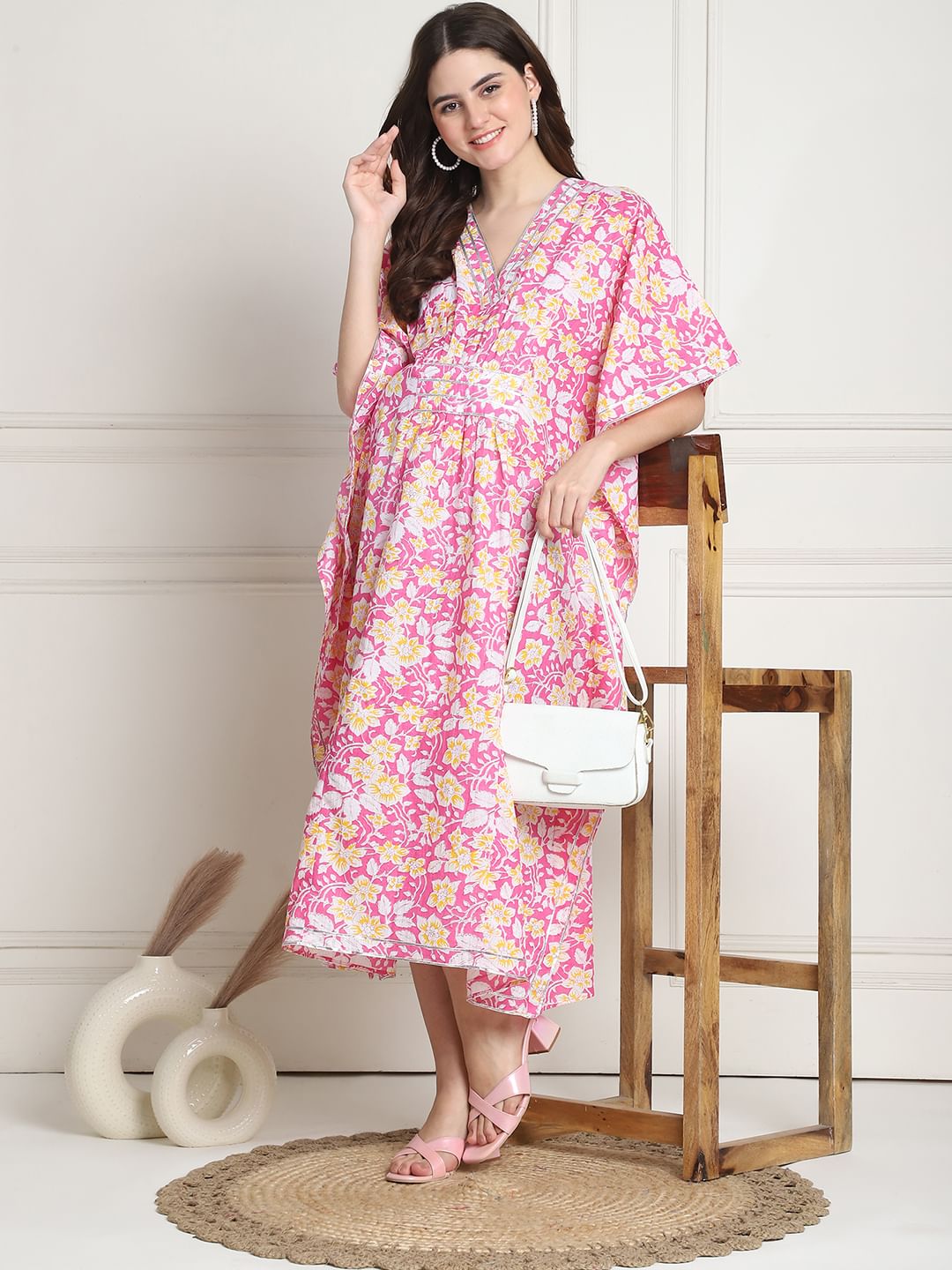 Floral Print Pink Cotton Maternity Kaftan Dress Calf Length