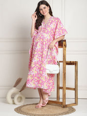 Floral Print Pink Cotton Maternity Kaftan Dress Calf Length