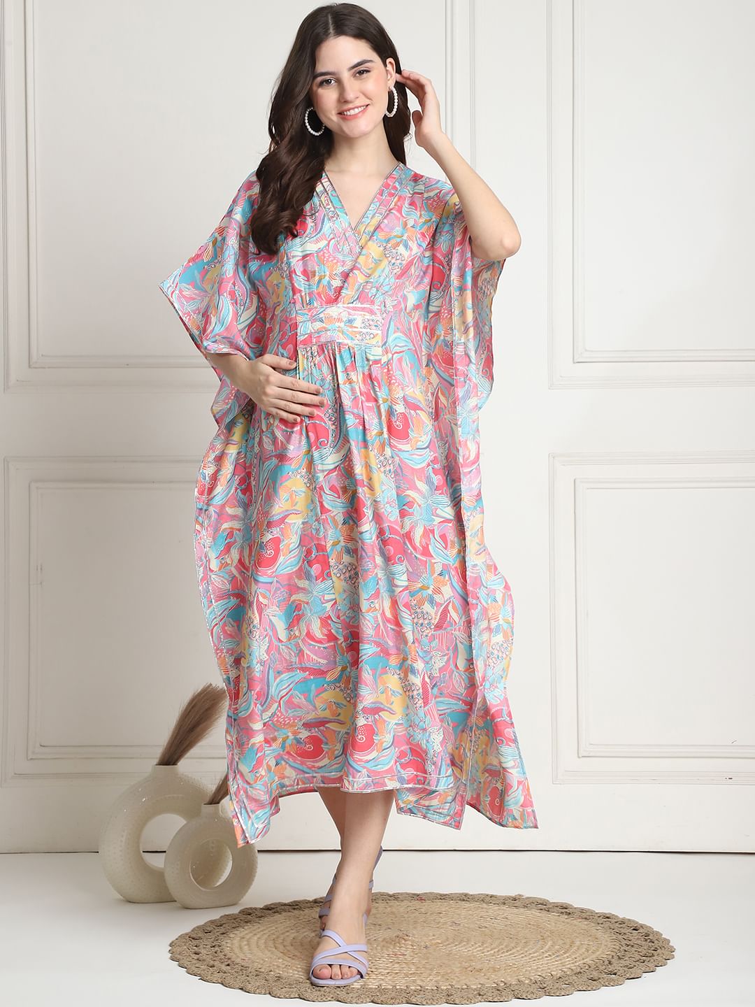 Floral Print Multi Silk Blend Maternity Kaftan Dress Calf Length