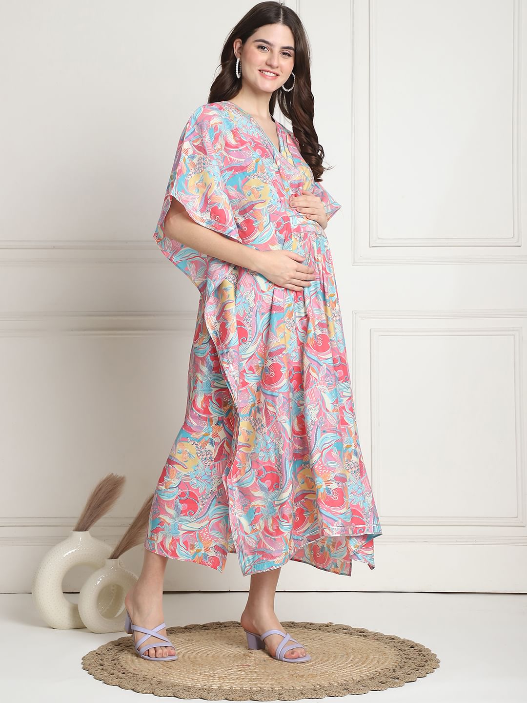 Floral Print Multi Silk Blend Maternity Kaftan Dress Calf Length