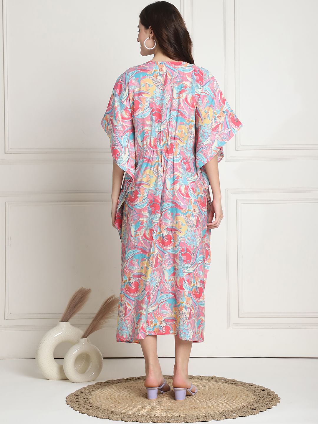 Floral Print Multi Silk Blend Maternity Kaftan Dress Calf Length
