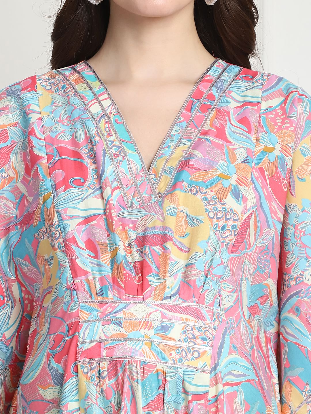 Floral Print Multi Silk Blend Maternity Kaftan Dress Calf Length