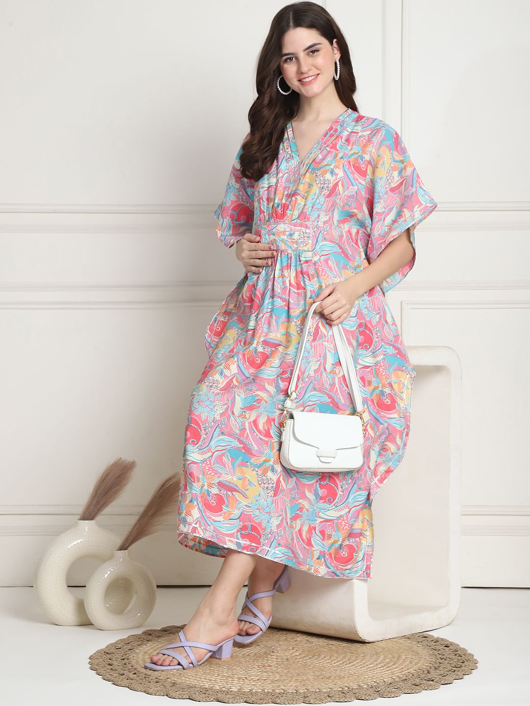 Floral Print Multi Silk Blend Maternity Kaftan Dress Calf Length