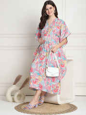Floral Print Multi Silk Blend Maternity Kaftan Dress Calf Length