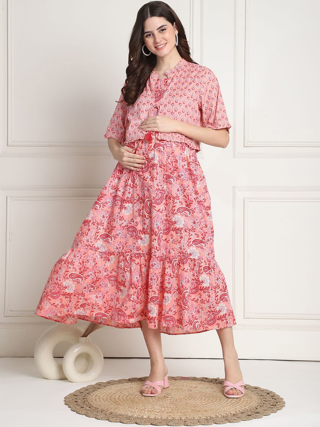Floral Print Peach Cotton Maternity dress Calf Length