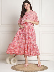 Floral Print Peach Cotton Maternity dress Calf Length