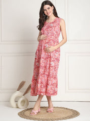 Floral Print Peach Cotton Maternity dress Calf Length