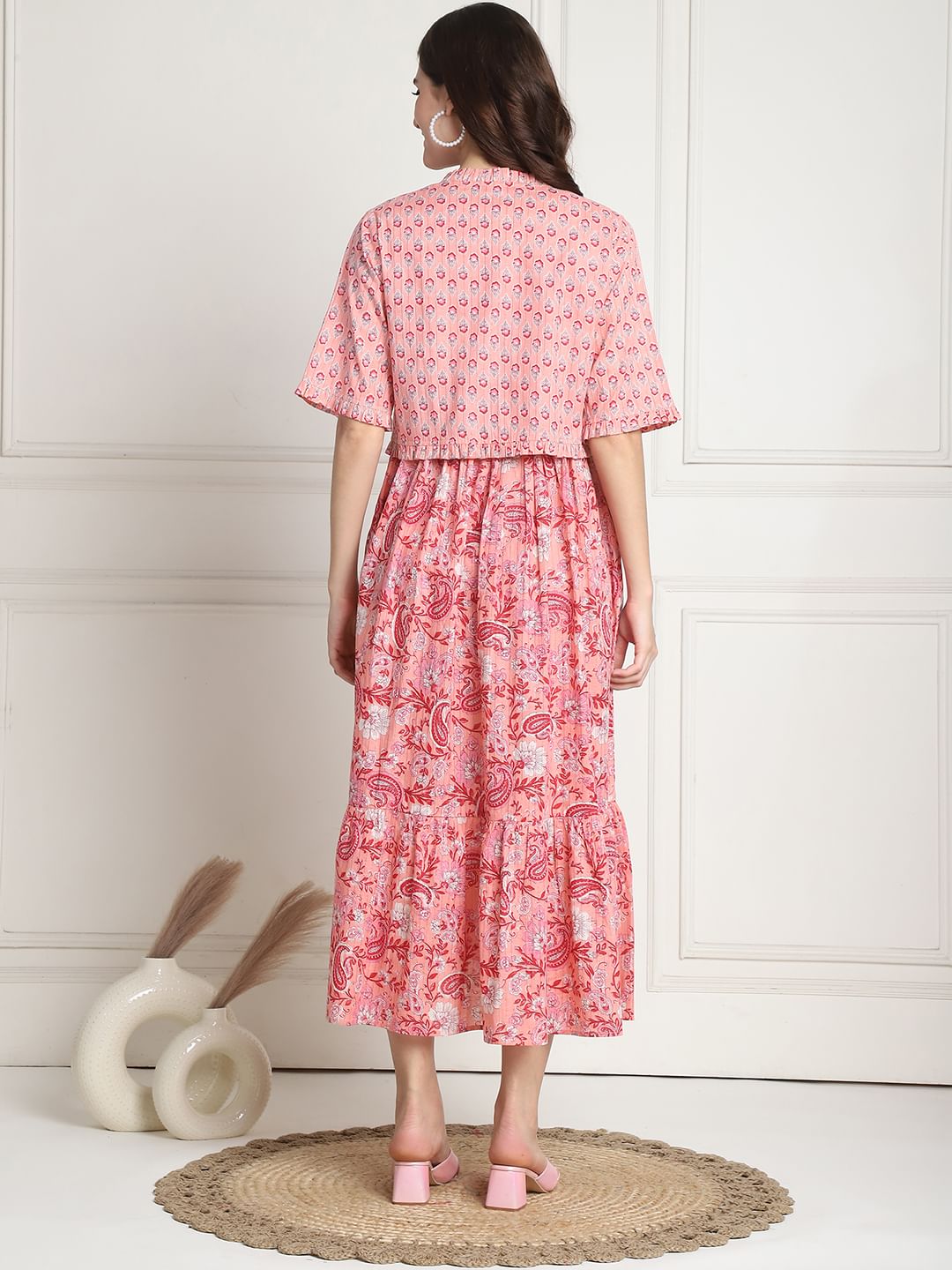 Floral Print Peach Cotton Maternity dress Calf Length