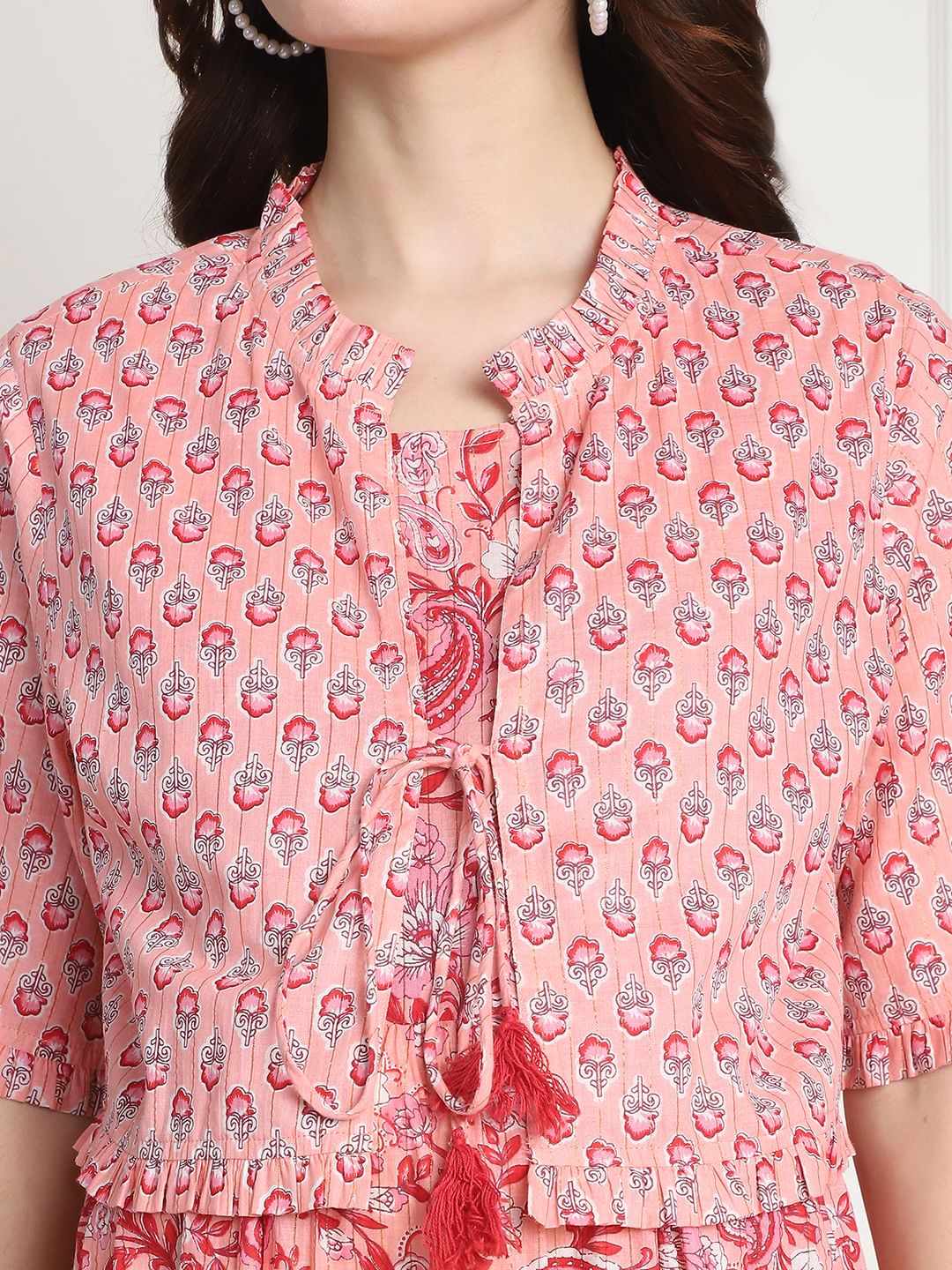 Floral Print Peach Cotton Maternity dress Calf Length