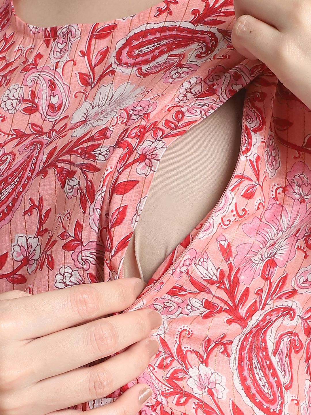 Floral Print Peach Cotton Maternity dress Calf Length