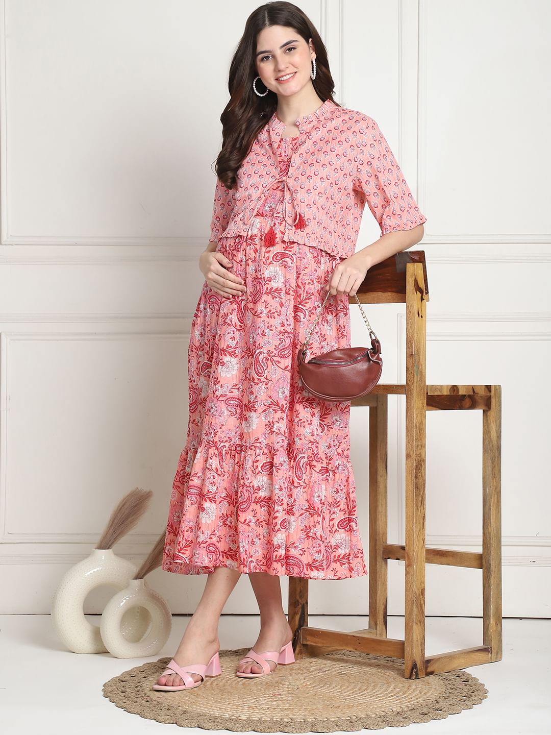 Floral Print Peach Cotton Maternity dress Calf Length