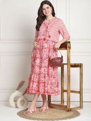 Floral Print Peach Cotton Maternity dress Calf Length