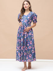 Floral Print Blue Cotton Maternity Nightdress Calf Length
