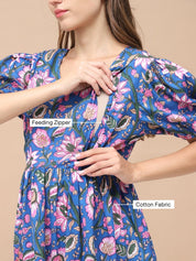 Floral Print Blue Cotton Maternity Nightdress Calf Length