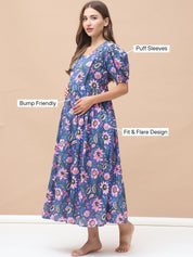 Floral Print Blue Cotton Maternity Nightdress Calf Length