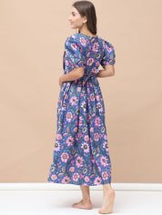 Floral Print Blue Cotton Maternity Nightdress Calf Length