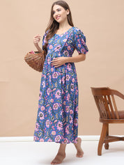 Floral Print Blue Cotton Maternity Nightdress Calf Length