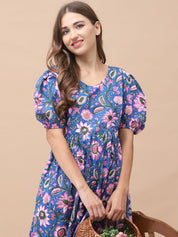 Floral Print Blue Cotton Maternity Nightdress Calf Length