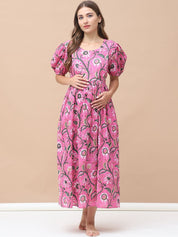 Floral Print Pink Cotton Maternity Nightdress Calf Length