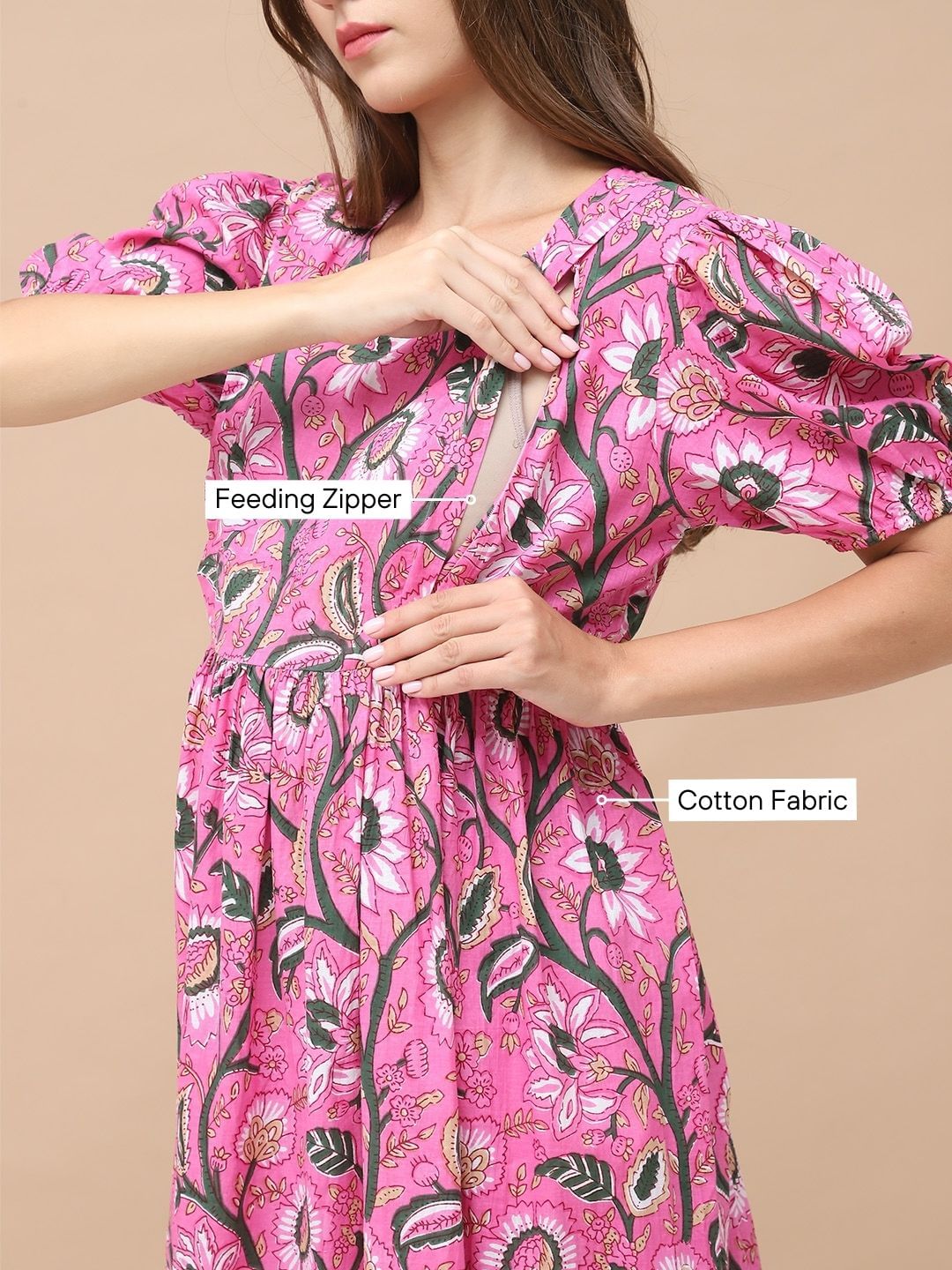Floral Print Pink Cotton Maternity Nightdress Calf Length
