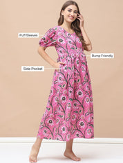 Floral Print Pink Cotton Maternity Nightdress Calf Length