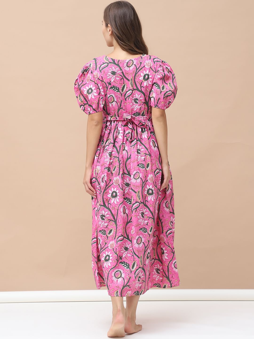 Floral Print Pink Cotton Maternity Nightdress Calf Length