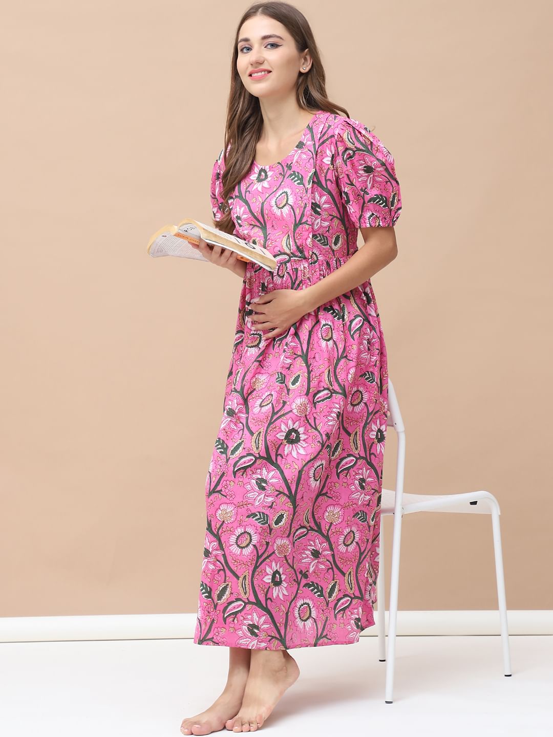 Floral Print Pink Cotton Maternity Nightdress Calf Length