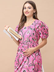 Floral Print Pink Cotton Maternity Nightdress Calf Length