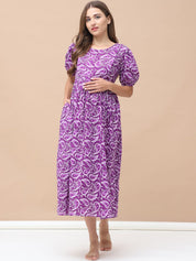 Printed Purple Cotton Maternity Nightdress Calf Length