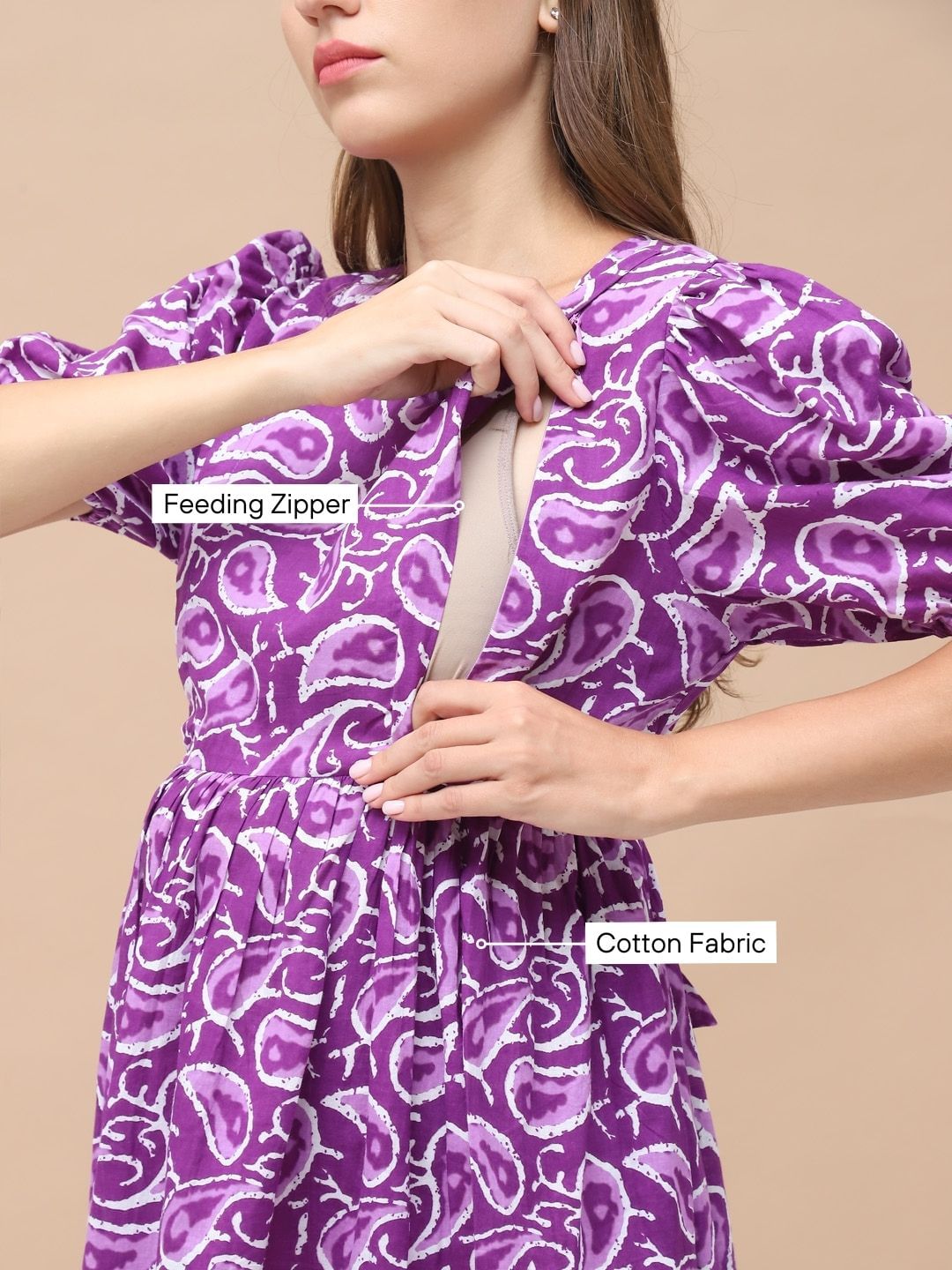 Printed Purple Cotton Maternity Nightdress Calf Length