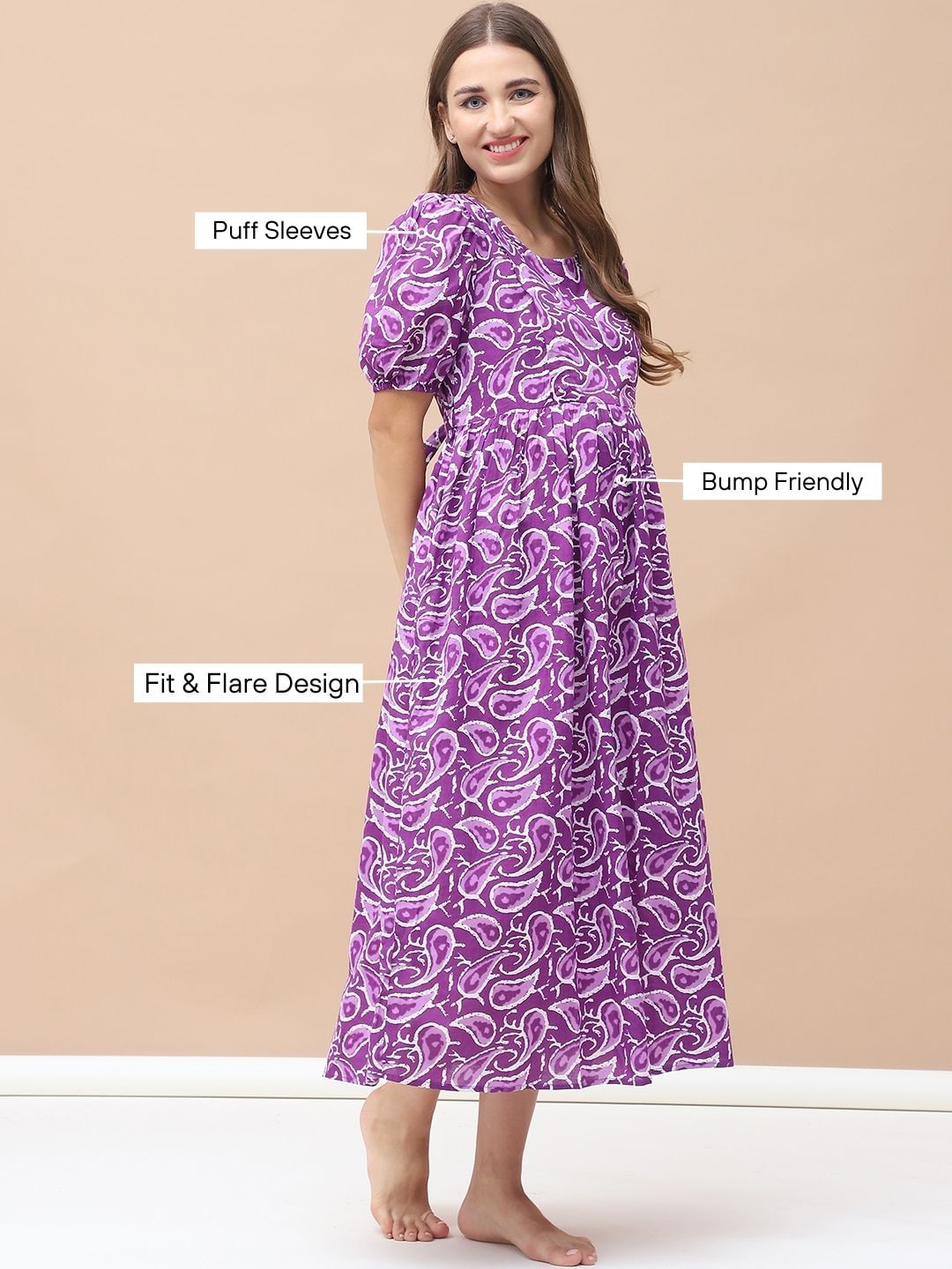 Printed Purple Cotton Maternity Nightdress Calf Length