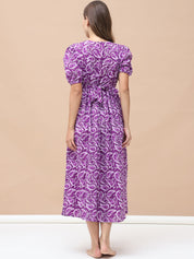 Printed Purple Cotton Maternity Nightdress Calf Length