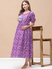 Printed Purple Cotton Maternity Nightdress Calf Length
