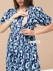Printed Navy Blue Cotton Maternity Nightdress Calf Length