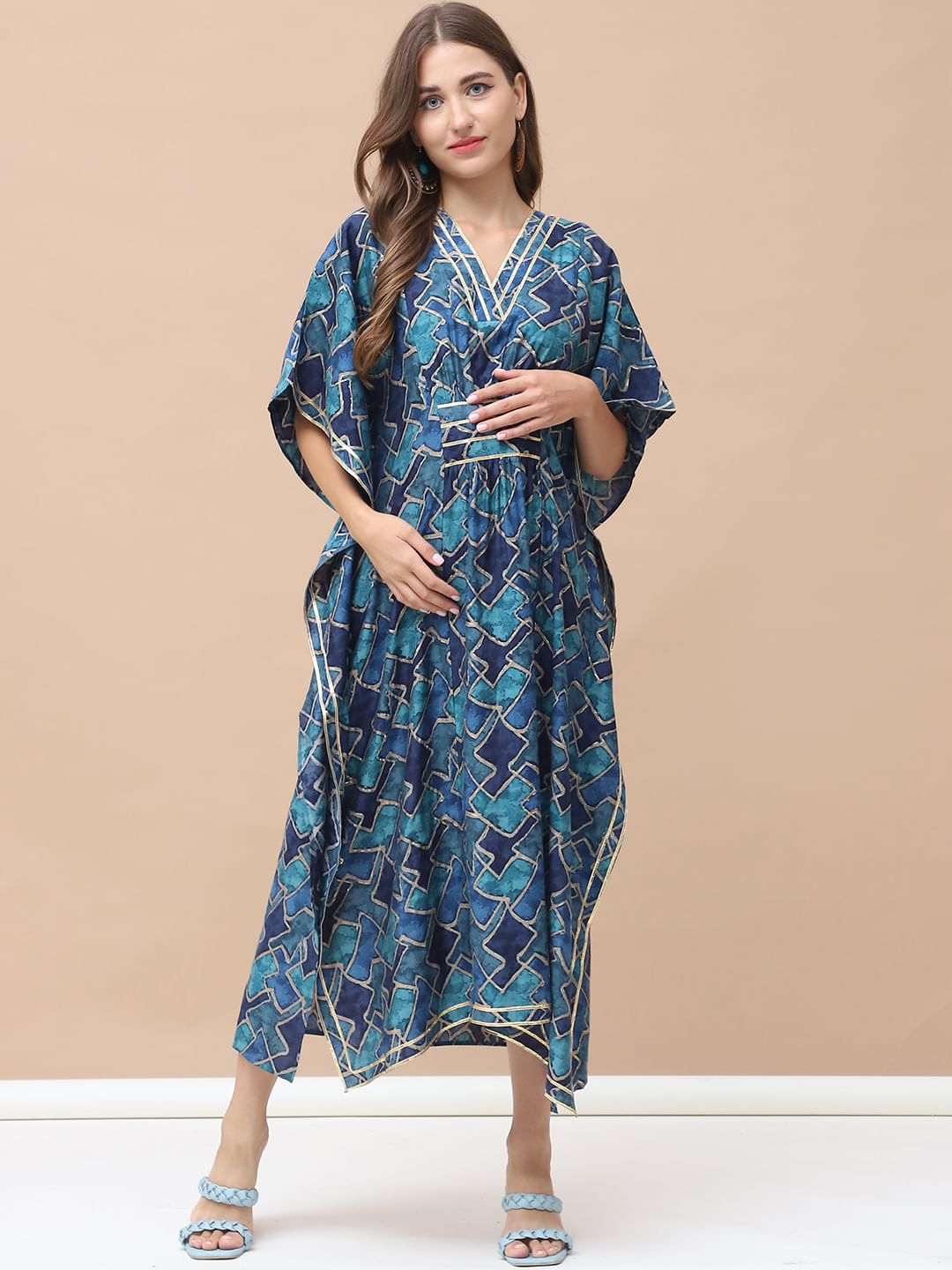 Geometric Print Dark Blue Chanderi Silk Maternity Kaftan Dress Calf Length
