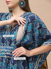 Geometric Print Dark Blue Chanderi Silk Maternity Kaftan Dress Calf Length