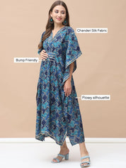 Geometric Print Dark Blue Chanderi Silk Maternity Kaftan Dress Calf Length