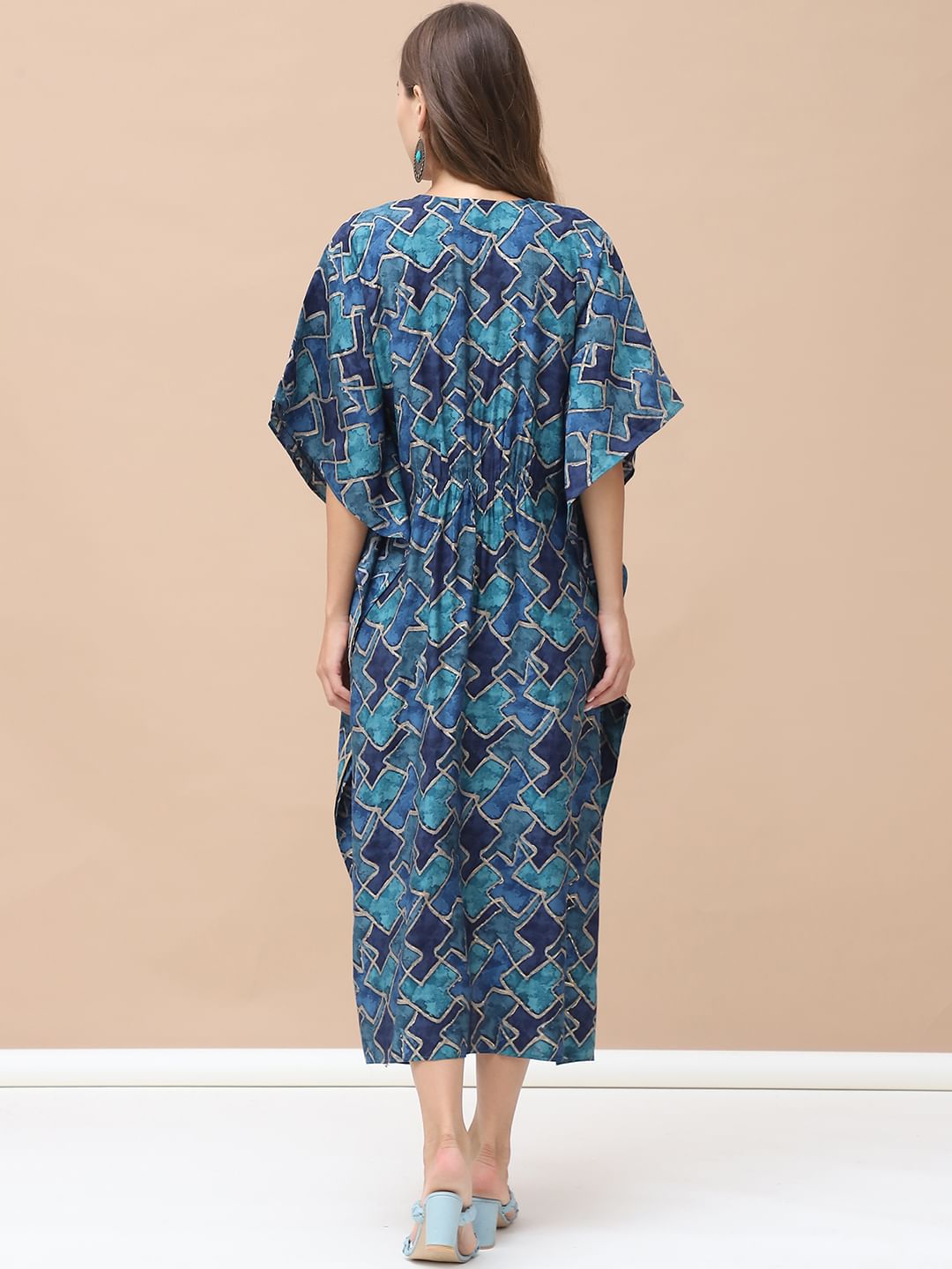 Geometric Print Dark Blue Chanderi Silk Maternity Kaftan Dress Calf Length
